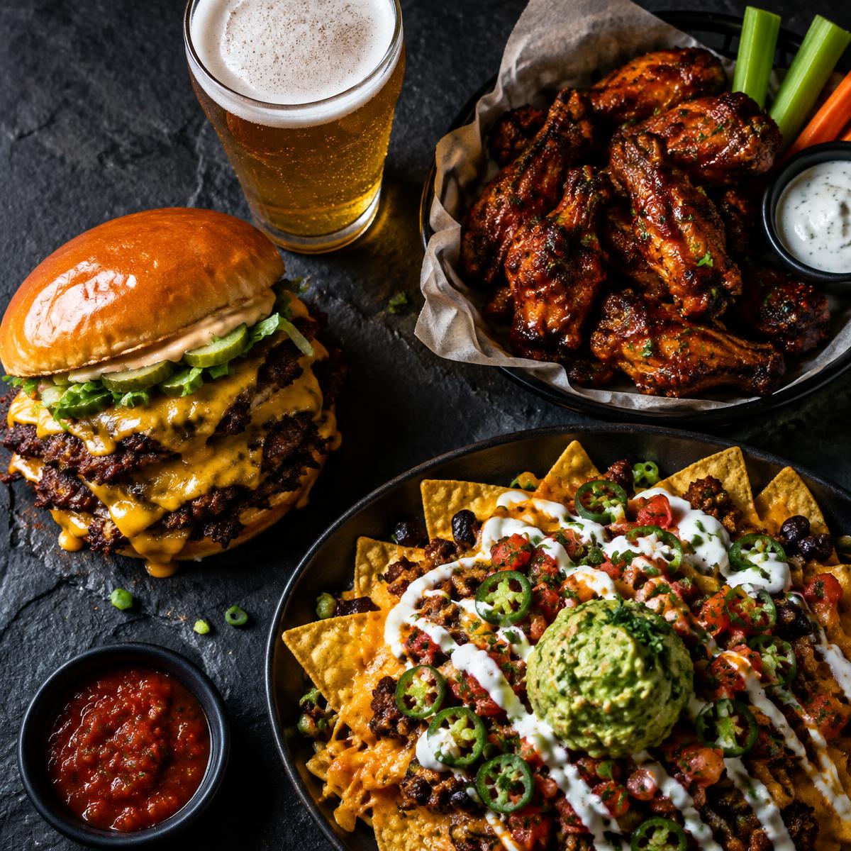 Burger, wings, nachos and beer